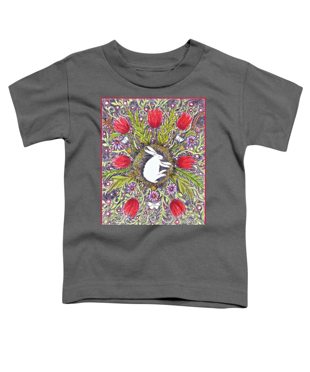 Lise Winne Toddler T-Shirt featuring the mixed media Bunny Nest with Red Flowers Variation by Lise Winne