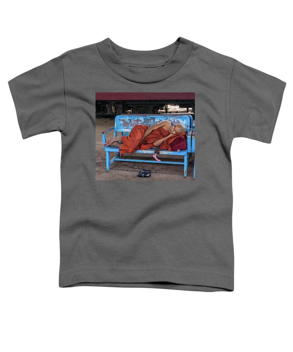 Monk Toddler T-Shirt featuring the photograph Burmese monk resting on bench by Ann Moore