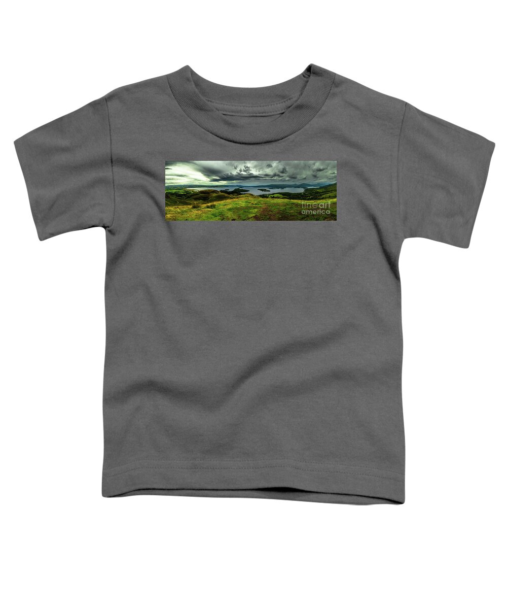 Adventure Toddler T-Shirt featuring the photograph Calm Water And Green Meadows At Loch Lomond In Scotland by Andreas Berthold
