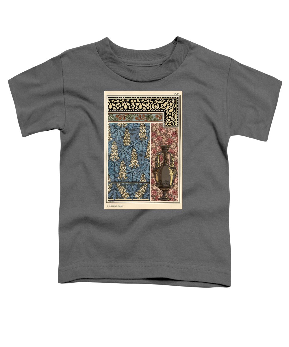 1897 Toddler T-Shirt featuring the drawing Chestnut tree for borders, bronze vase, wallpaper and fabric. Lithograph by Anna Martin. by Album
