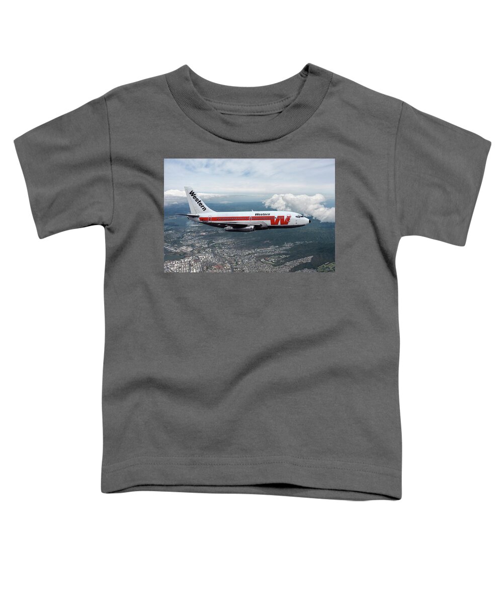Western Airlines Toddler T-Shirt featuring the mixed media Classic Western Airlines Boeing 737 by Erik Simonsen