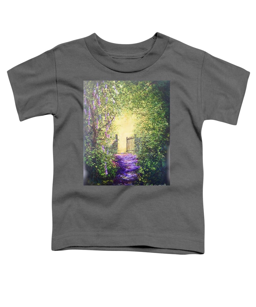 Petals Toddler T-Shirt featuring the painting Cotswolds Pathway of Petals to an open Gate and into the sunshine beyong by Lizzy Forrester