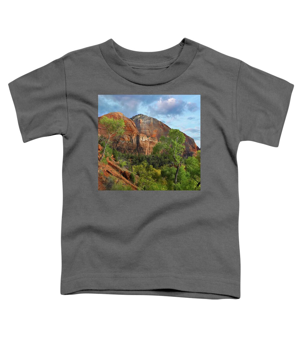 00586186 Toddler T-Shirt featuring the photograph Cottonwood Trees And Mountain, Zion National Park, Utah by Tim Fitzharris