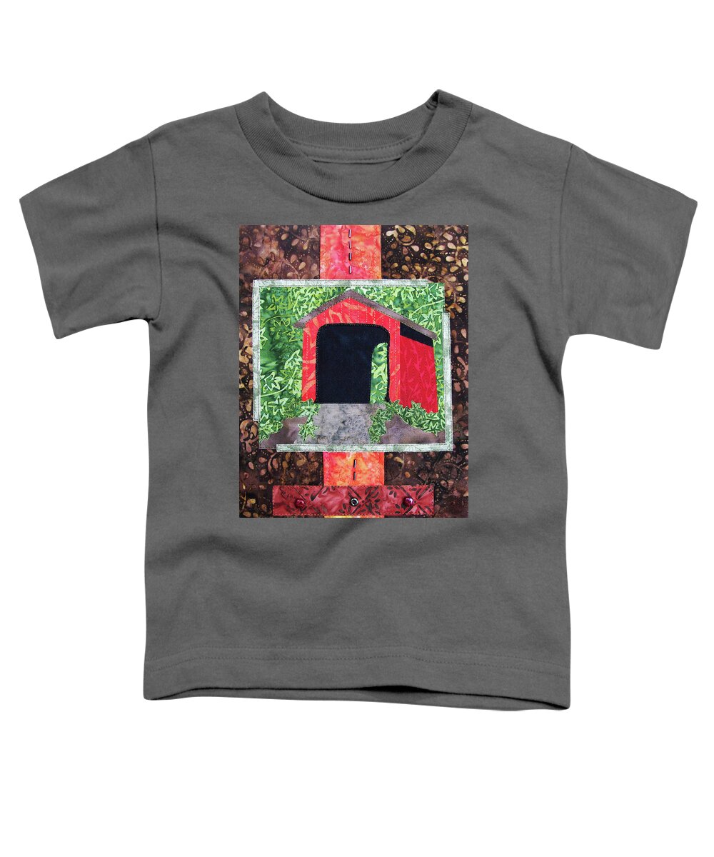 Art Quilt Toddler T-Shirt featuring the tapestry - textile Covered Bridge by Pam Geisel
