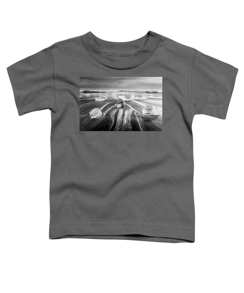 Joan Carroll Toddler T-Shirt featuring the photograph Diamond Beach Iceland V BW by Joan Carroll