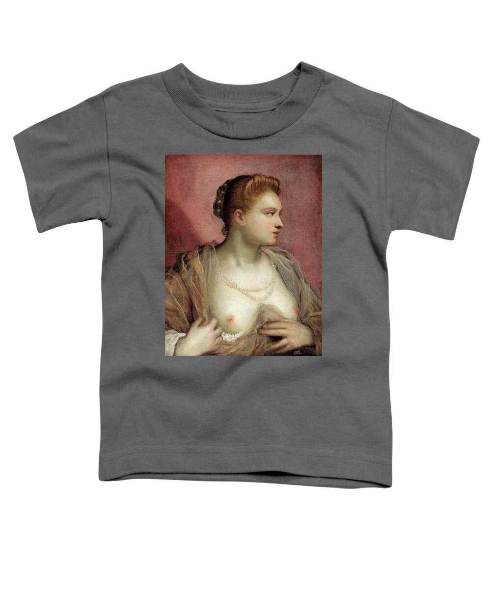 Domenico Tintoretto Toddler T-Shirt featuring the painting Domenico Tintoretto / 'Lady Baring her Breast', 16th century, Italian School, Oil on canvas. by Domenico Tintoretto -1560-1635-