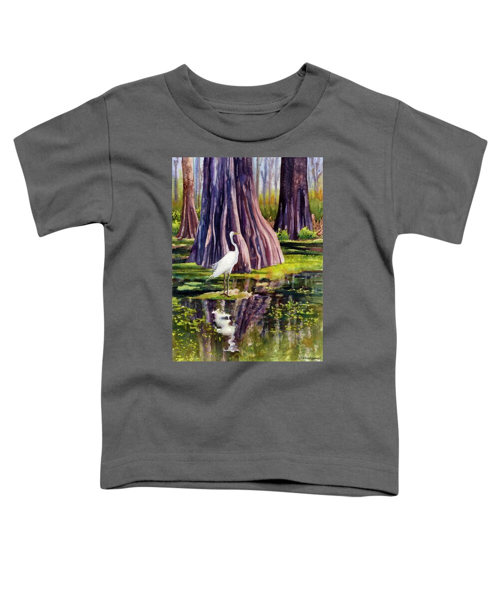 Egret Painting Toddler T-Shirt featuring the painting Down in the Swamplands by Anne Gifford