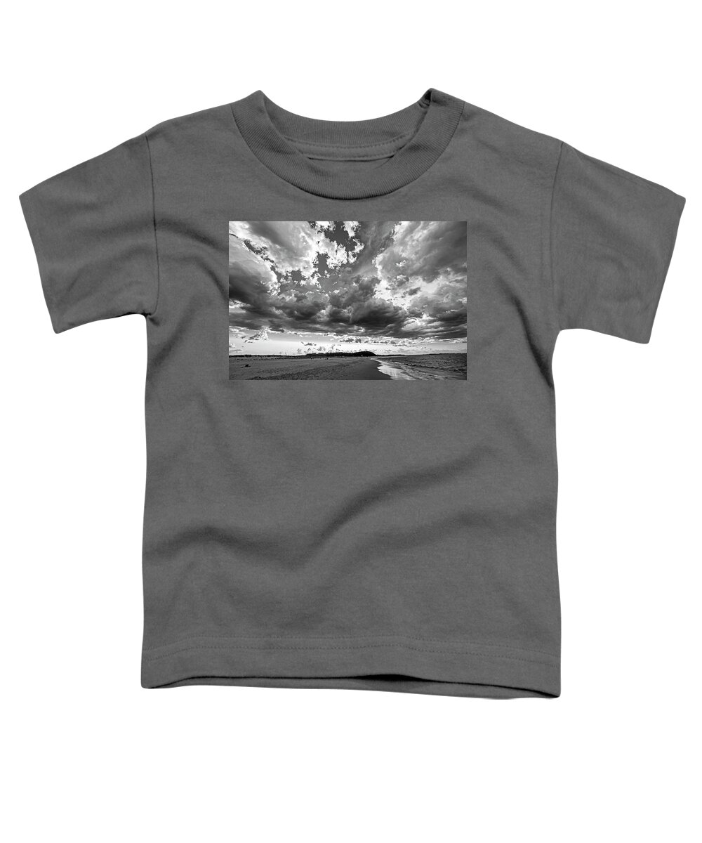 Ipswich Toddler T-Shirt featuring the photograph Dramatic Clouds over Crane Beach Ipswich MA Black and White by Toby McGuire
