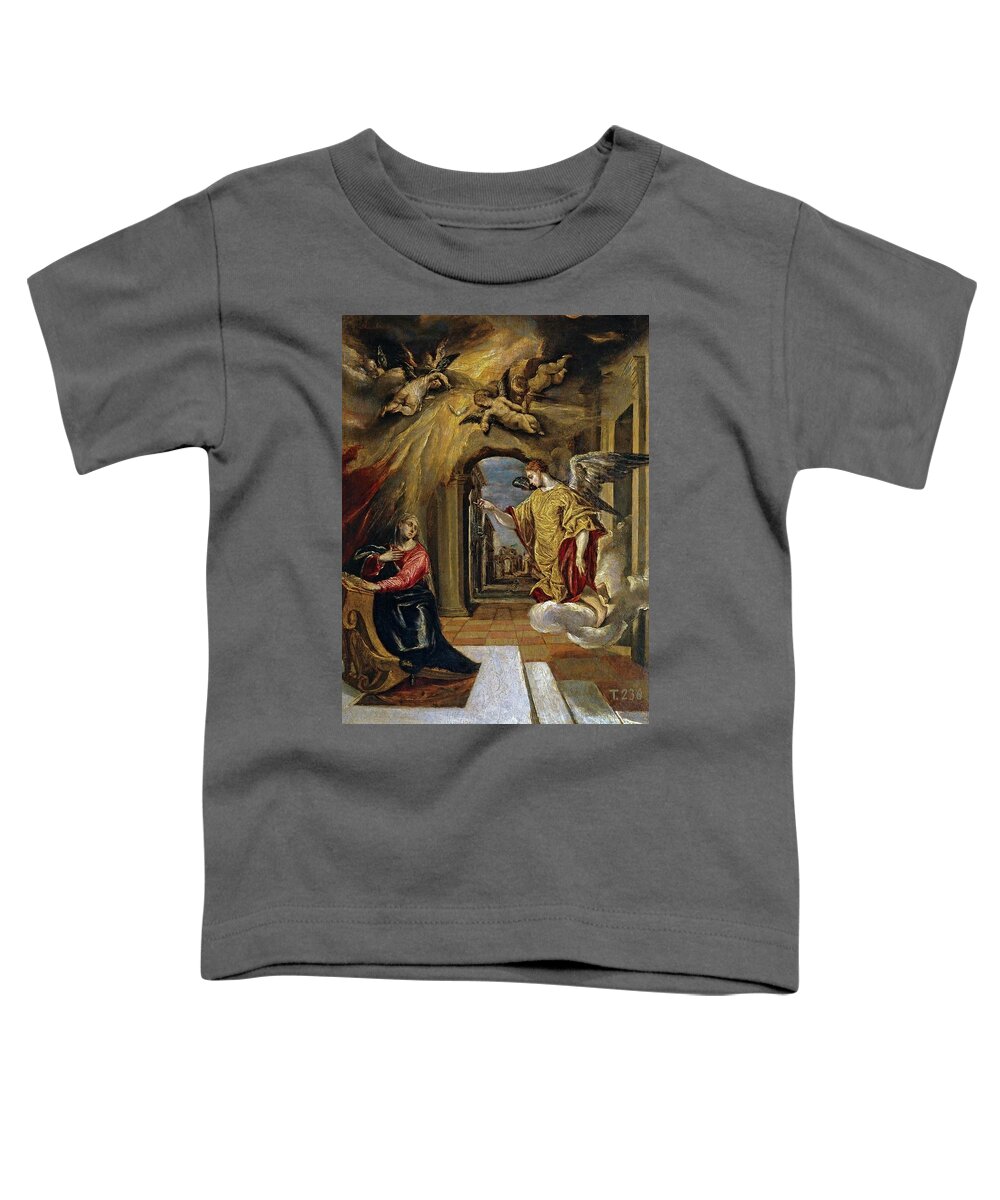 El Greco Toddler T-Shirt featuring the painting El Greco / 'The Annunciation', ca. 1570, Spanish School, Oil on panel, 26 cm x 20 cm, P00827. by El Greco -1541-1614-