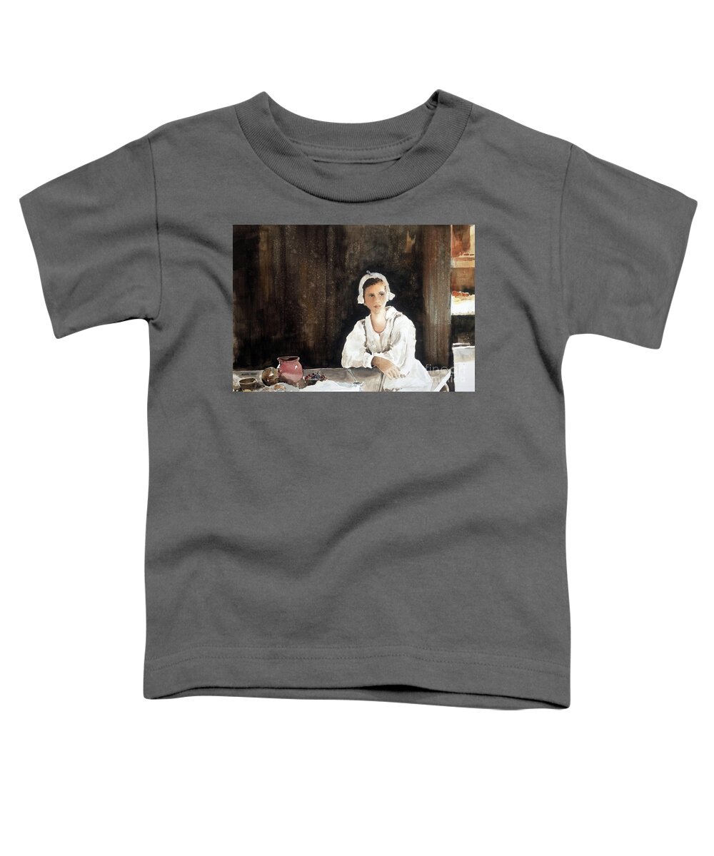 A Young Girl Dressed In A Period Costume Sits At A Table At The Jamestown Settlement. Toddler T-Shirt featuring the painting Fair Maiden by Monte Toon