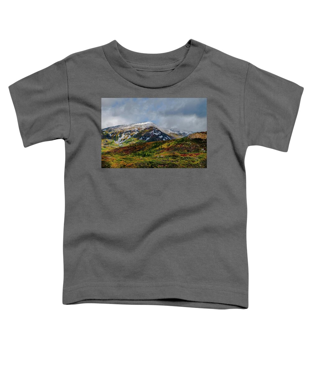 Aspens Toddler T-Shirt featuring the photograph Fall Snow Storm by Johnny Boyd