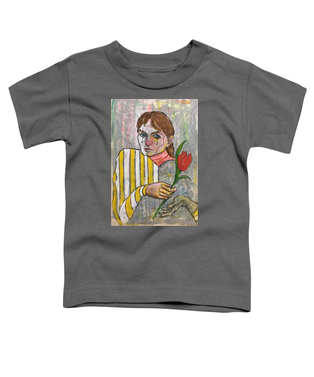 Ricardosart37 Toddler T-Shirt featuring the painting Harlequin with Wings Holding a Red Tulip by Ricardo Penalver deceased