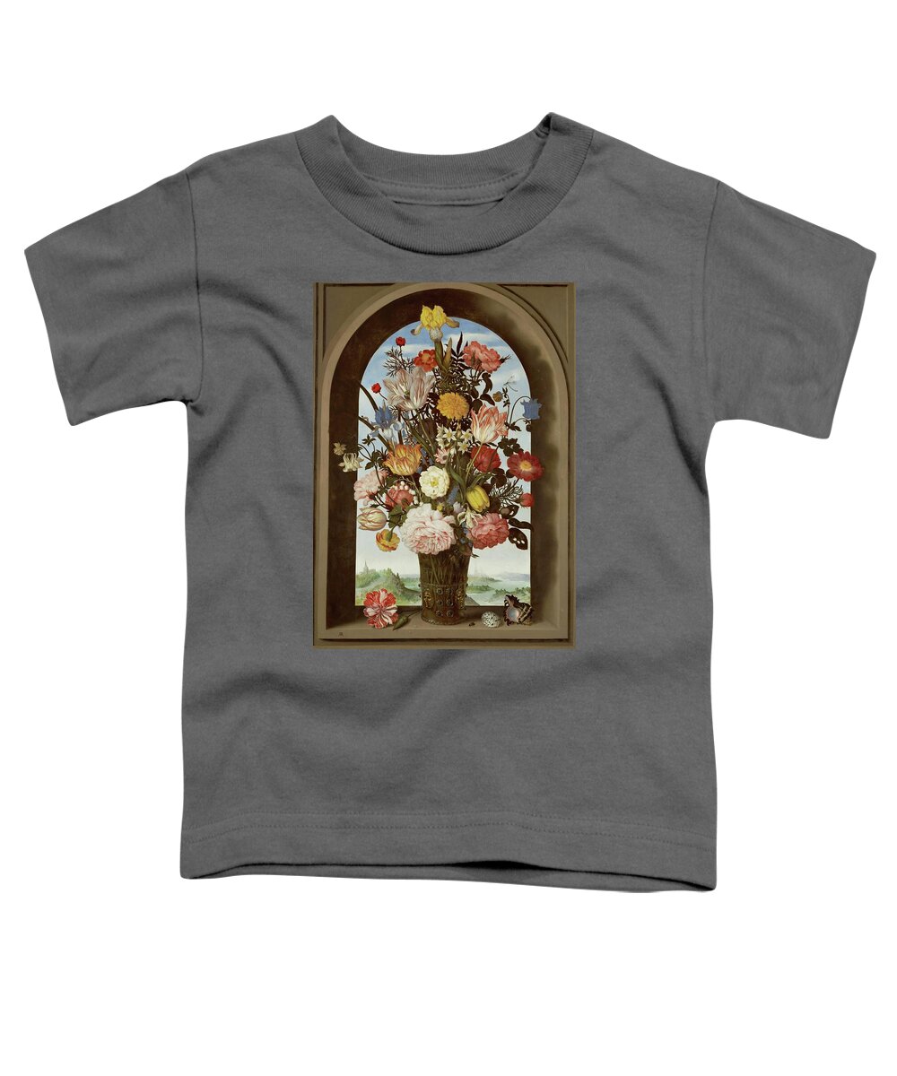 Ambrosius Bosschaert Ii Toddler T-Shirt featuring the painting Flower still-life with tulips. Oil on wood -around 1620- 64 x 46 cm. by Ambrosius Bosschaert II -the Elder- Ambrosius Bosschaert II -the Elder-