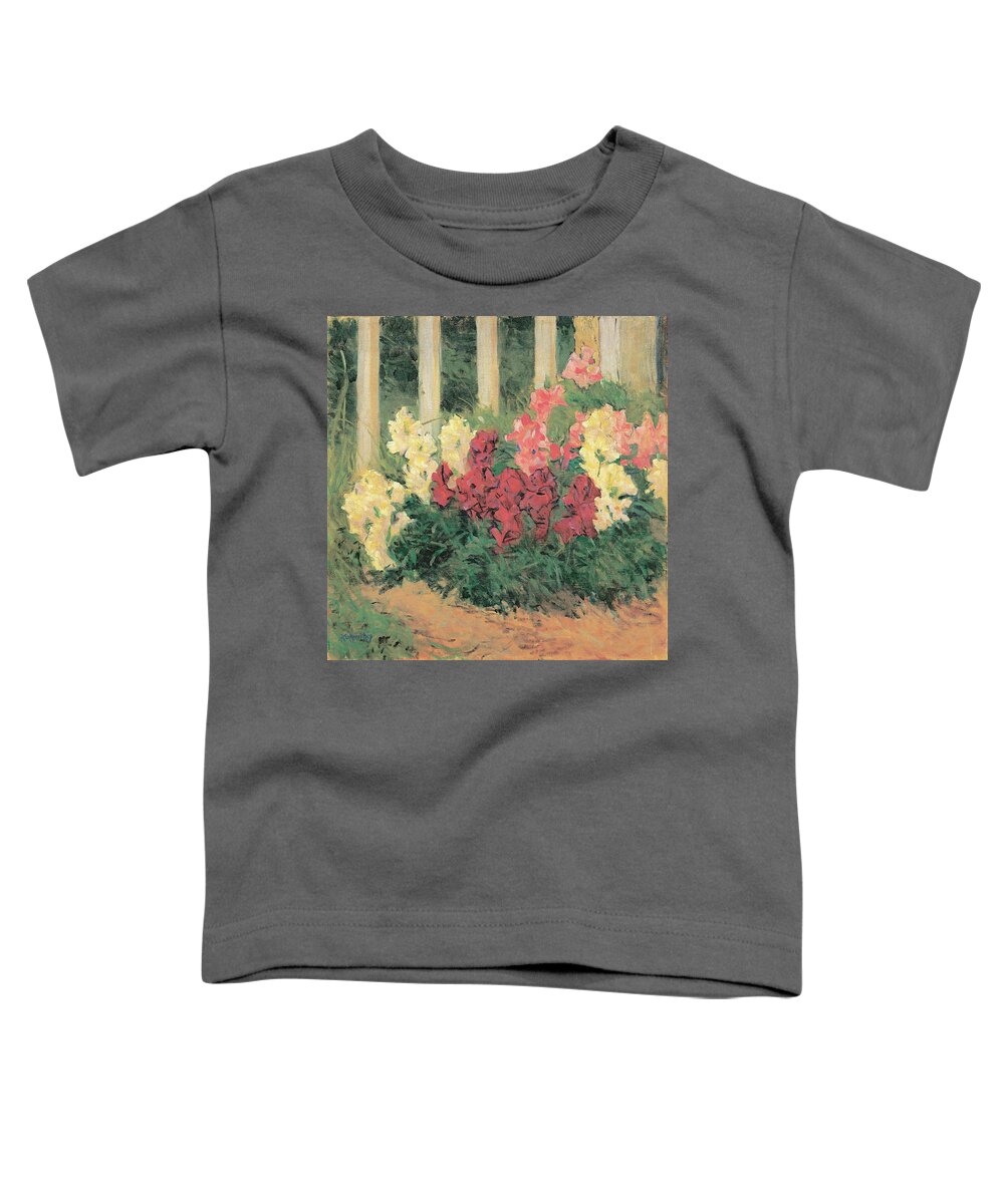 Koloman Moser Toddler T-Shirt featuring the painting Flowers in front of a garden fence 1909 Oil on canvas, 50 x 100cm. by Koloman Moser