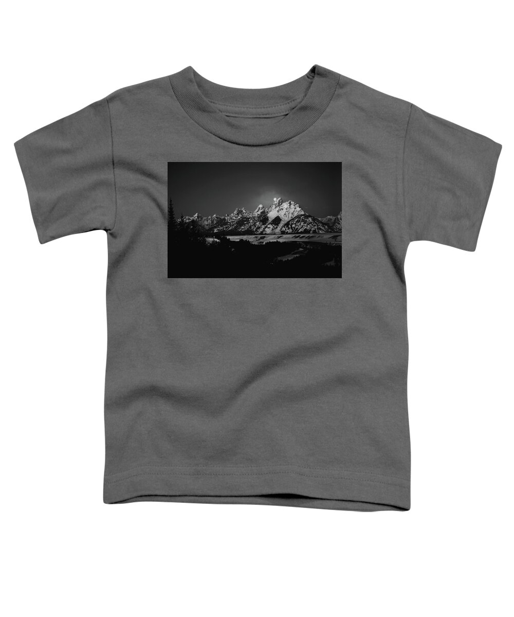 Full Moon Sets In The Tetons Toddler T-Shirt featuring the photograph Full Moon Sets in the Tetons by Raymond Salani III