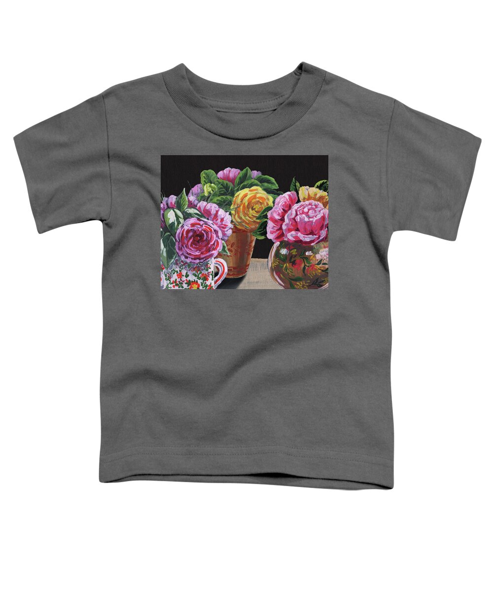 Pink Toddler T-Shirt featuring the painting Garden Roses In Vases Floral Impressionism by Irina Sztukowski