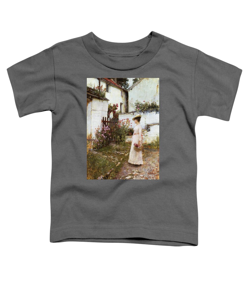 19th Century Toddler T-Shirt featuring the painting Gathering Summer Flowers In A Devonshire Garden, 1893 by John William Waterhouse