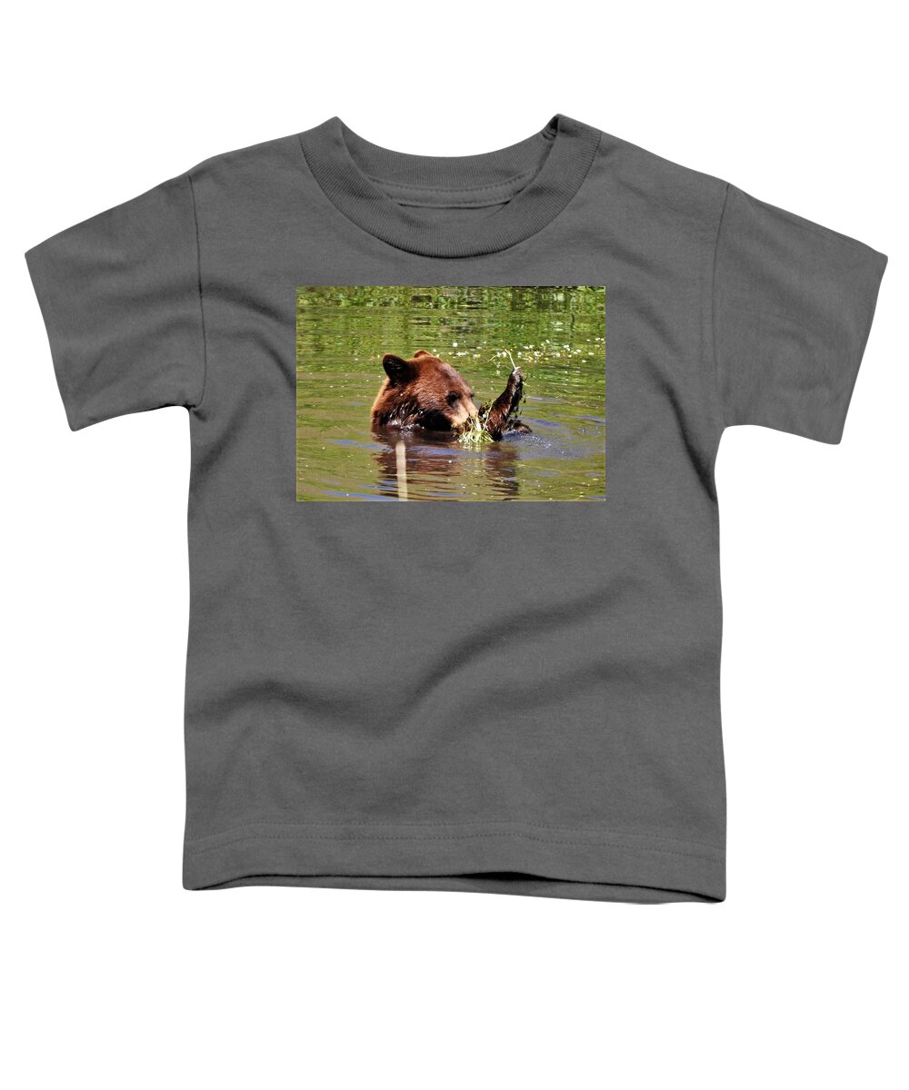 Black Bear Checking Out The Weeds In A Pond On The Bison Wildlife Refuge In Moise Mt Toddler T-Shirt featuring the photograph Gettin' into the Weeds by Mike Helland
