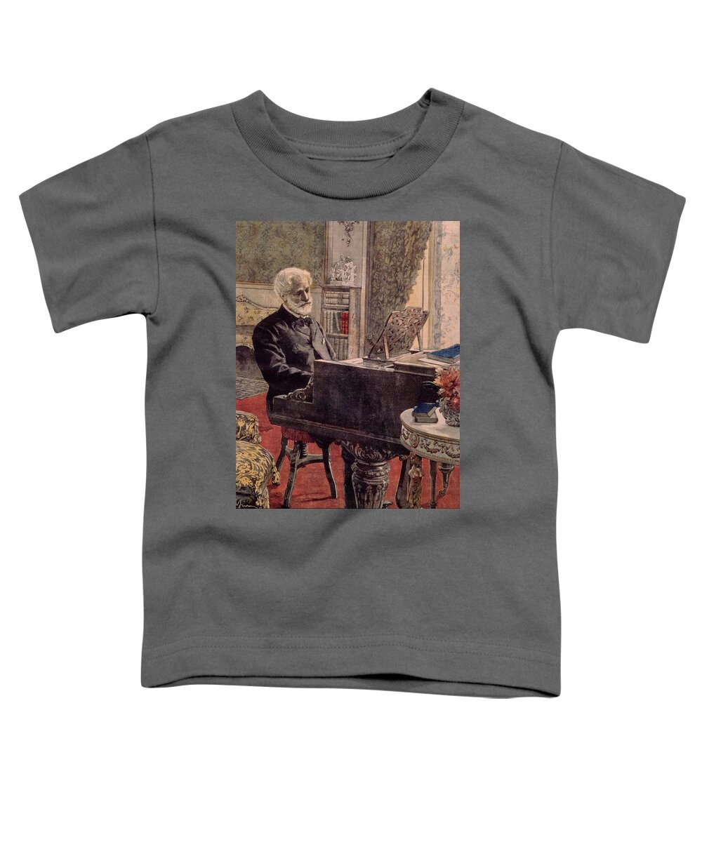 Giuseppe Verdi Toddler T-Shirt featuring the painting Giuseppe Verdi at piano, 1899, engraving. ACHILLE BELTRAME . by Album
