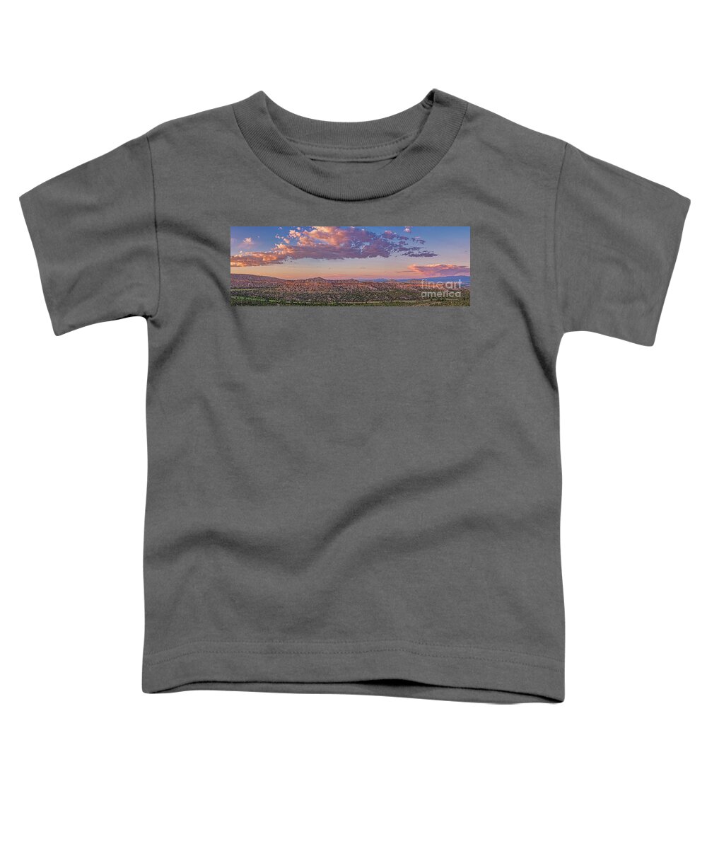 Anderson Toddler T-Shirt featuring the photograph Golden Sunset Panorama of Anderson Overlook and Sangre de Cristo Mountains - Los Alamos New Mexico by Silvio Ligutti