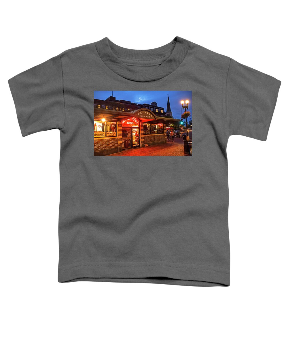 Harvard Toddler T-Shirt featuring the photograph Harvard Square Cambridge MA at dusk by Toby McGuire