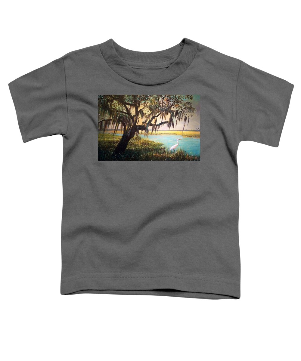 Marsh Toddler T-Shirt featuring the painting Heron and Live Oak Tree by Blue Sky