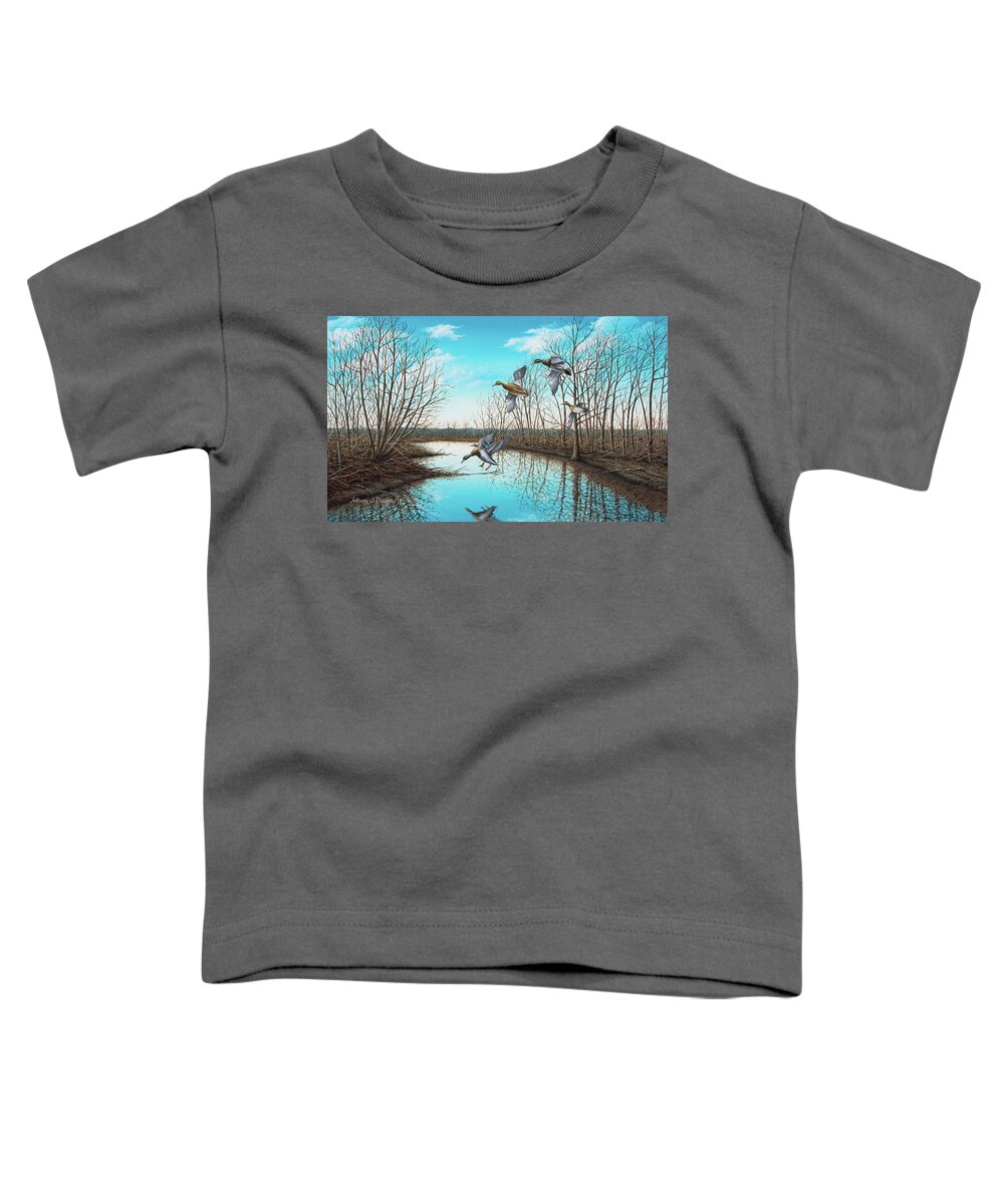Mallard Toddler T-Shirt featuring the painting Intruder by Anthony J Padgett