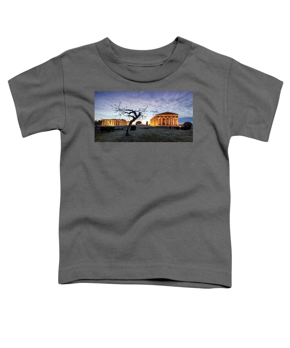 Estock Toddler T-Shirt featuring the digital art Italy, Campania, Salerno District, Cilento, Paestum, The Hera ( Paestum Basilica) And Neptune Temples. Time Lapse by Guido Baviera