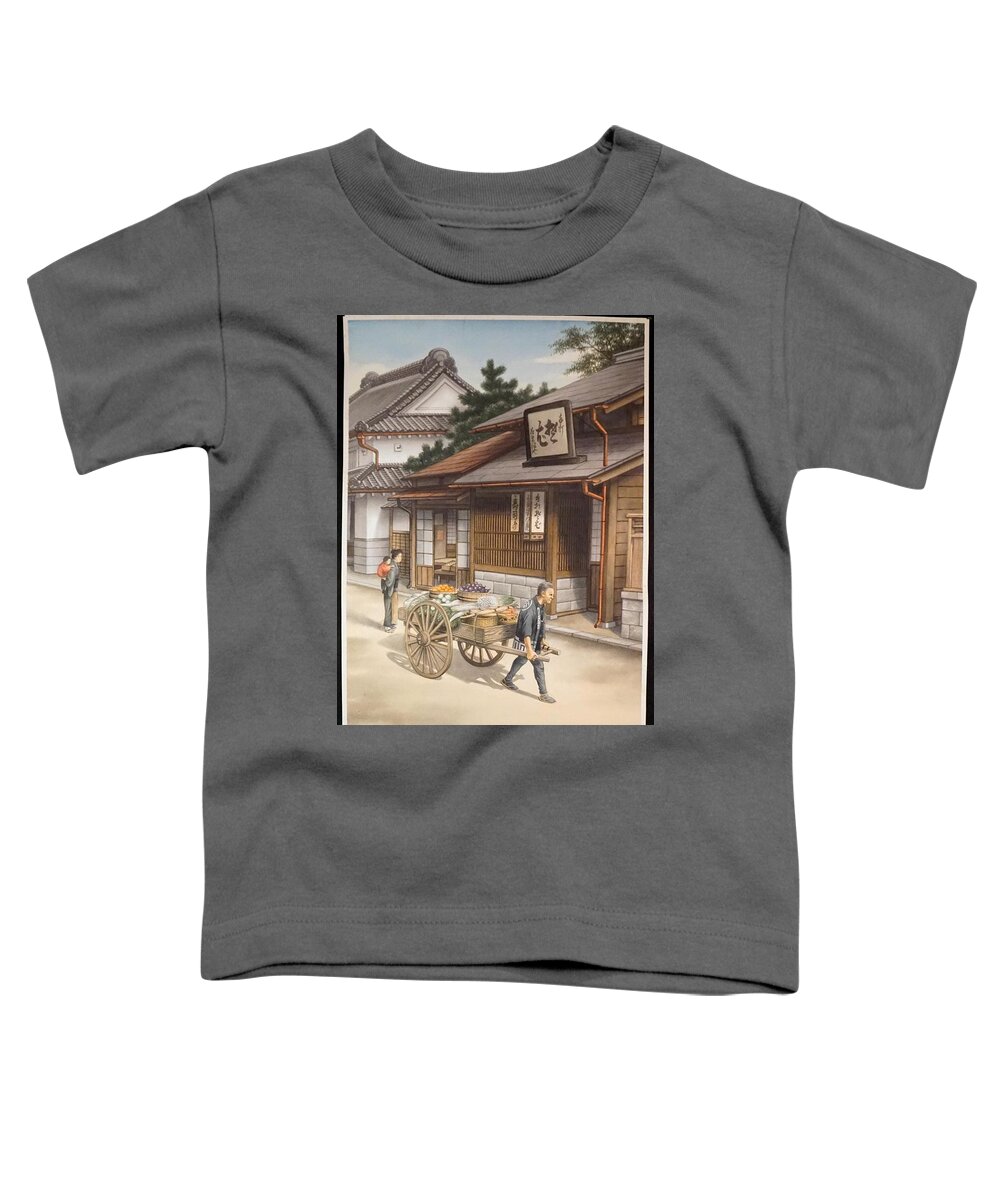 Nature Toddler T-Shirt featuring the painting Japanese Woodblock Print Vivid Colors Signed H. Saito Street Scene Man Cart by Celestial Images