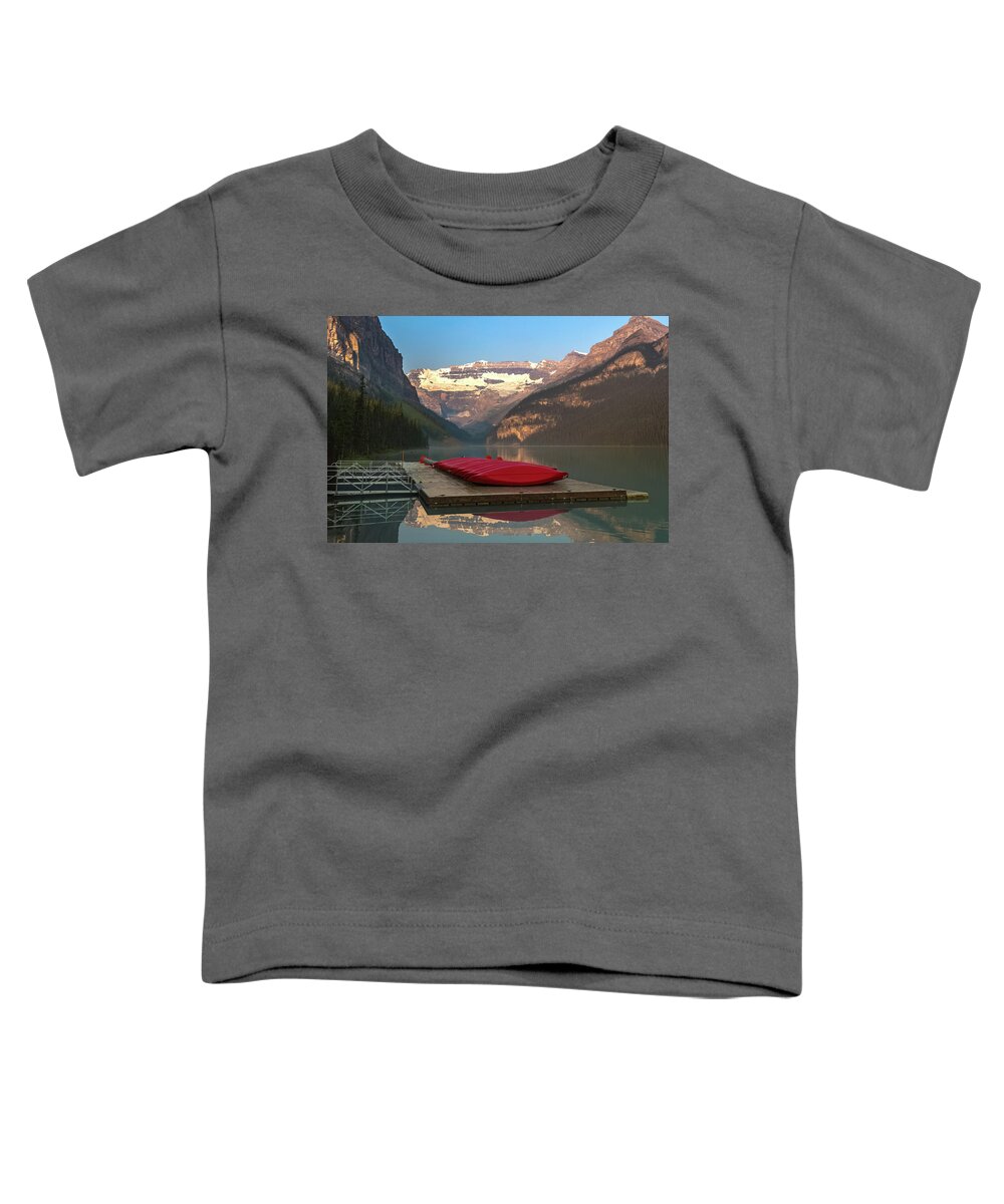 Lake Louise Toddler T-Shirt featuring the photograph Lake Louise Boat Dock by Joe Kopp