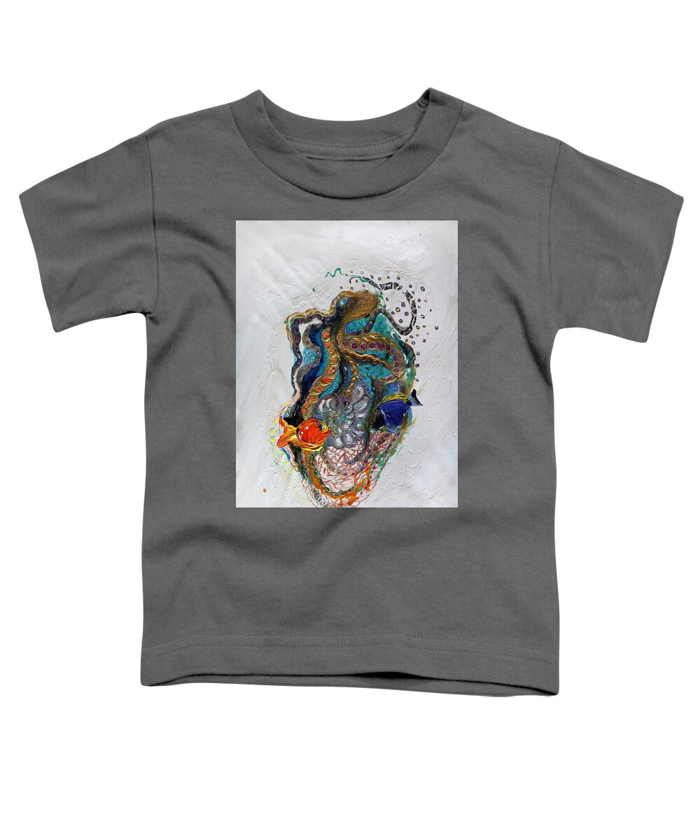 Sea Life Toddler T-Shirt featuring the painting Mare nostrum series #7. Black octopus by Elena Kotliarker