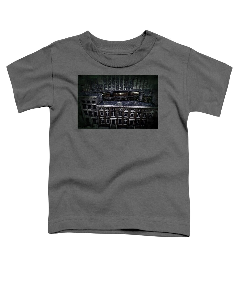 Black And White Urban Photograph With Train In Rain Toddler T-Shirt featuring the photograph Midnight Train by Joan Reese