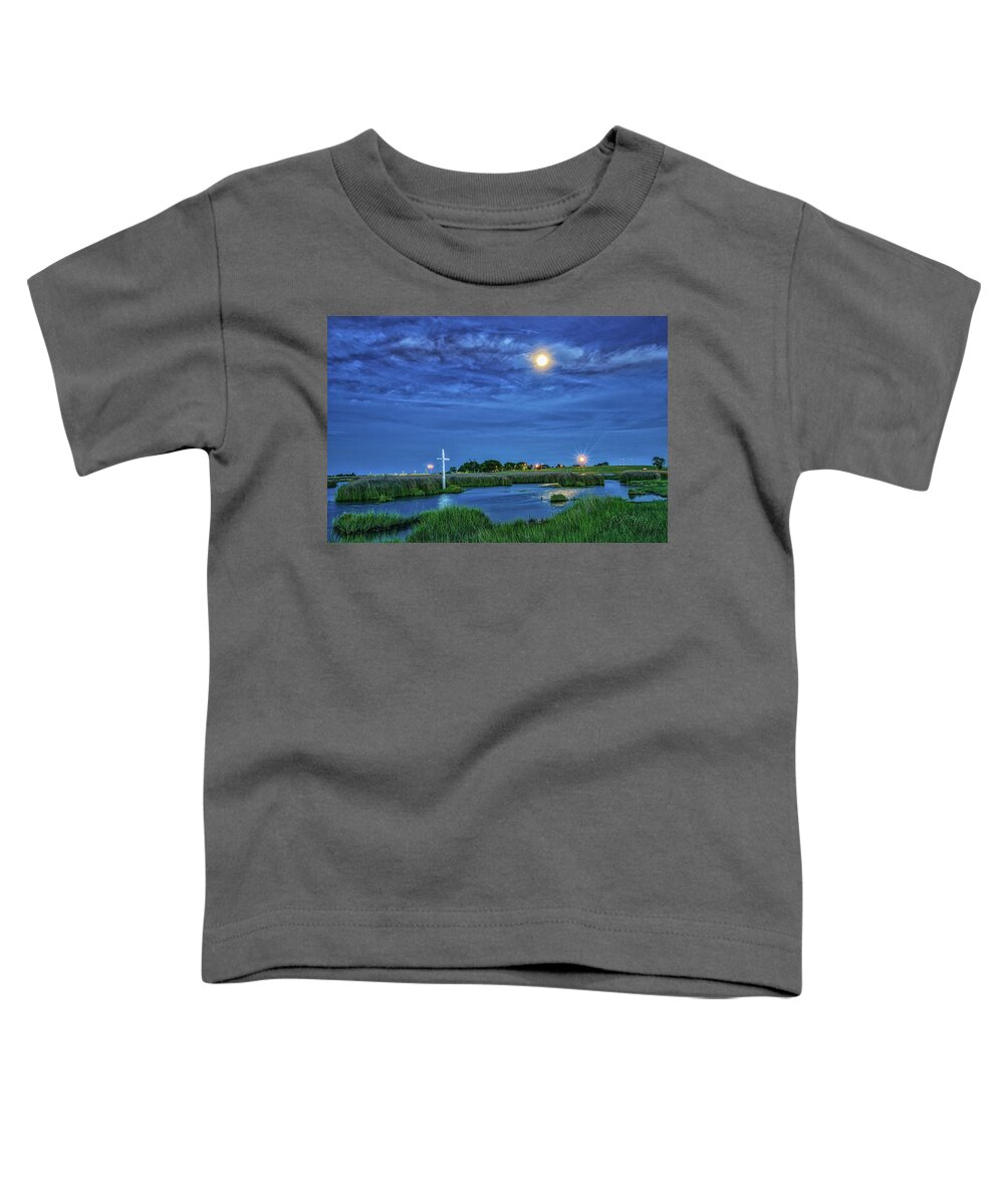Poquoson Toddler T-Shirt featuring the photograph Moon Over the Marsh Cross by Jerry Gammon