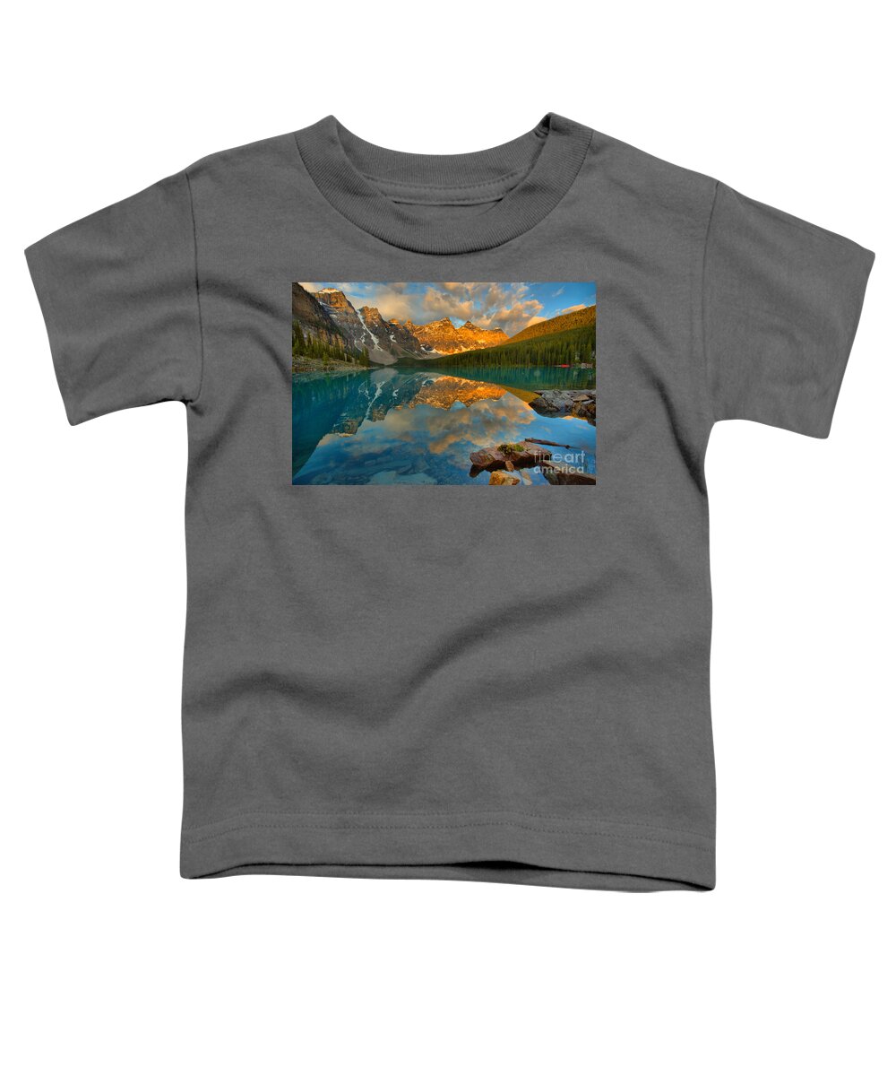 Morain Lake Toddler T-Shirt featuring the photograph Moraine Lake Fiery July Morning by Adam Jewell