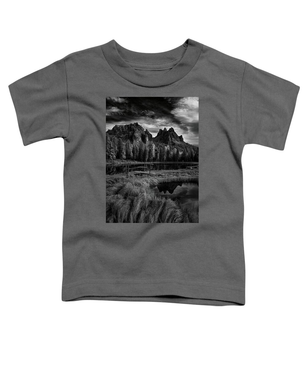  Black And White Toddler T-Shirt featuring the photograph Morning Sky in the Dolomites by Jon Glaser