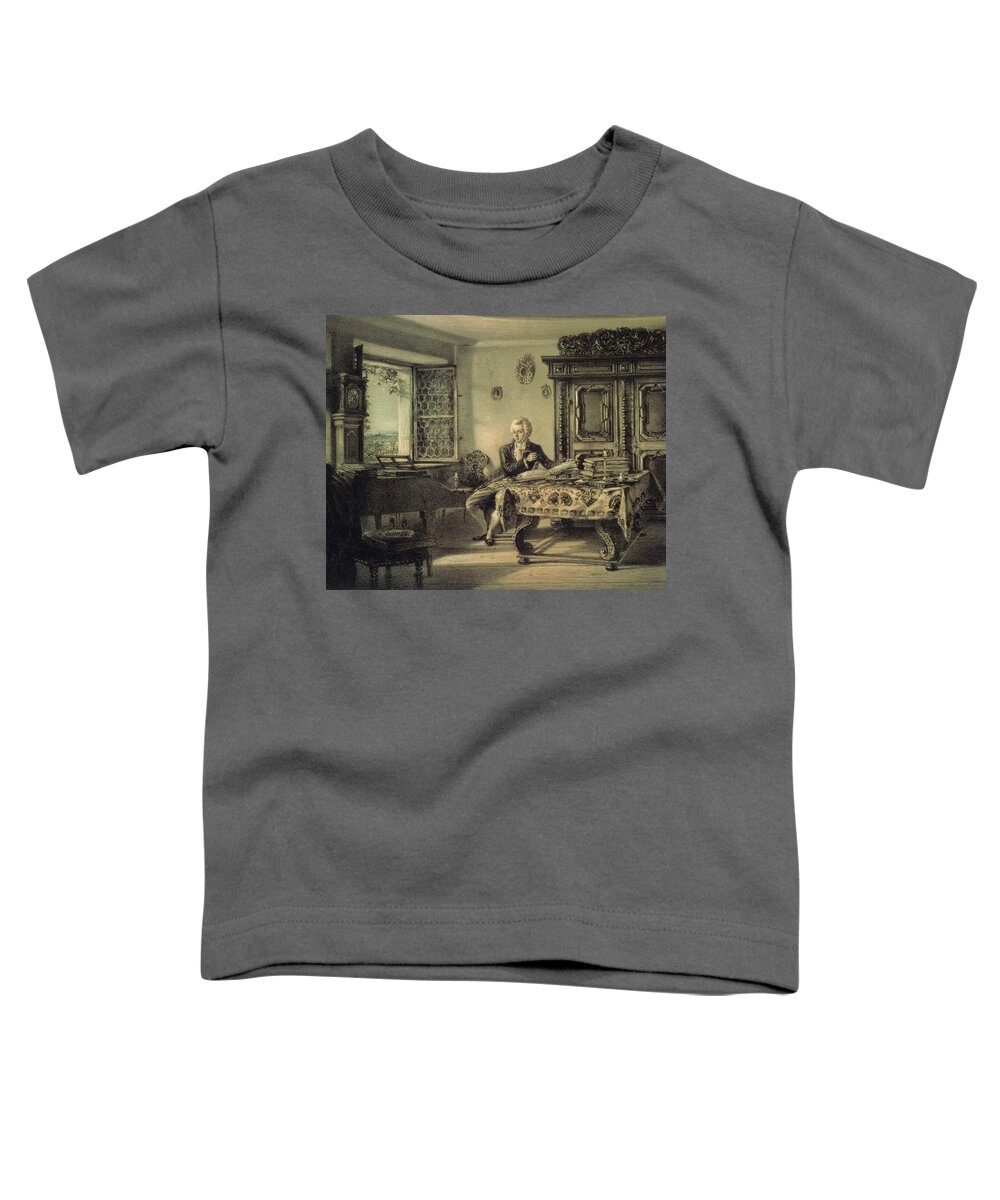 Johann Wolfgang Mozart Toddler T-Shirt featuring the painting Mozart in his studio at Kahlenberg near Vienna, working on the 'Magic Flute'.-Lithograph by Rudol... by Album