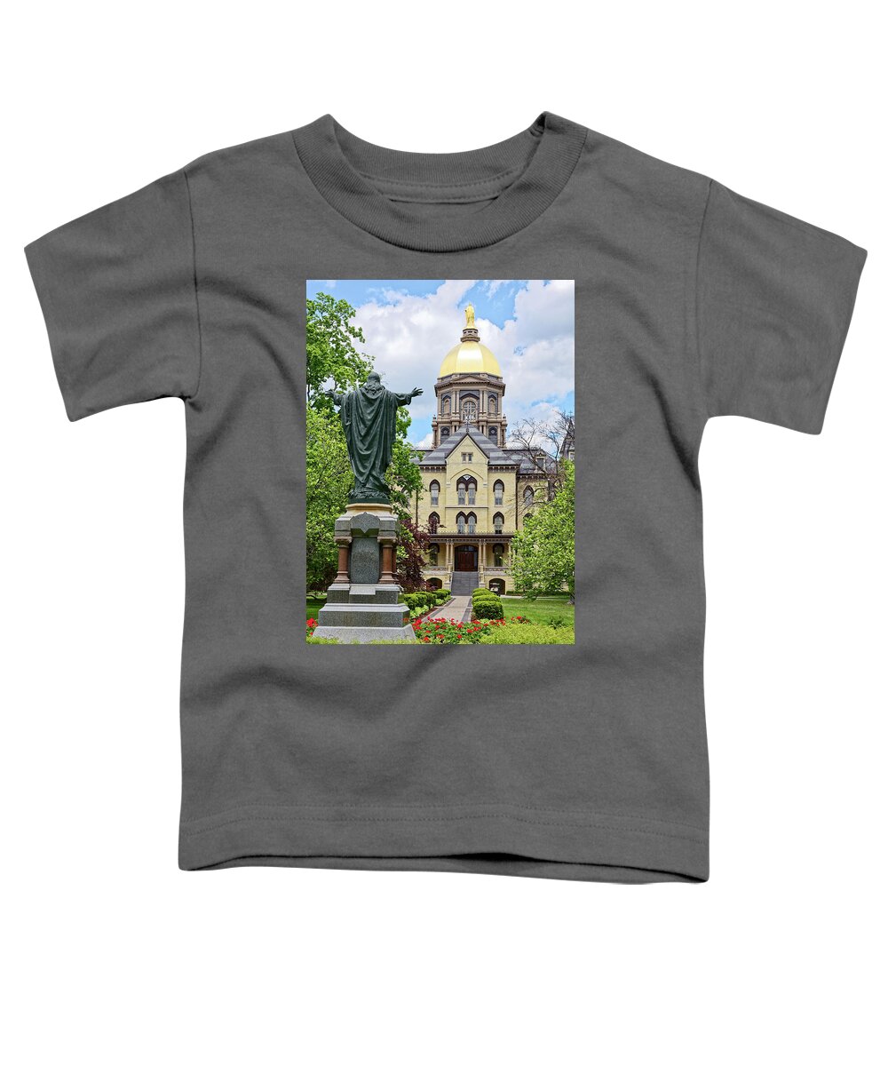 University Of Notre Dame Toddler T-Shirt featuring the photograph Notre Dame Golden Dome and Statue by Sally Weigand