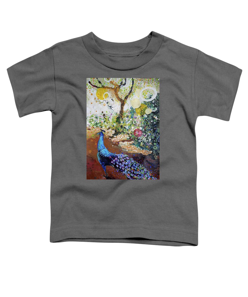 Bird Toddler T-Shirt featuring the painting Peacock on path by Tilly Strauss
