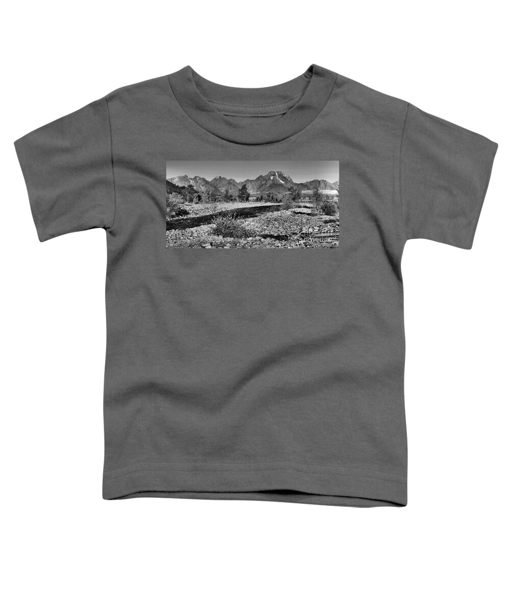 Spread Creek Toddler T-Shirt featuring the photograph Pink Peaks Over Spread Creek Black Ans White by Adam Jewell