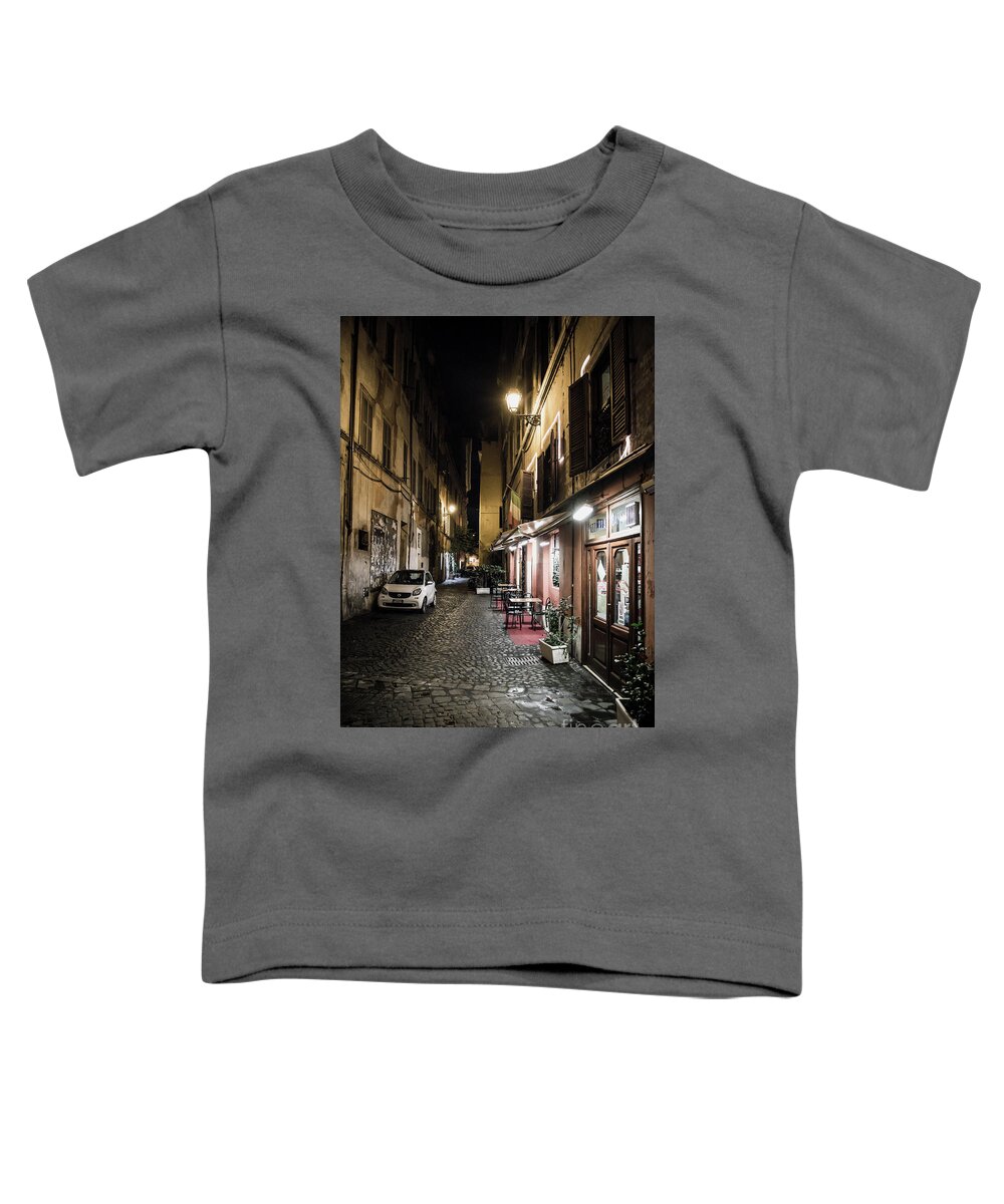 Italy Toddler T-Shirt featuring the photograph Pizzeria in Abandoned Street at Night in Rome in Italy by Andreas Berthold