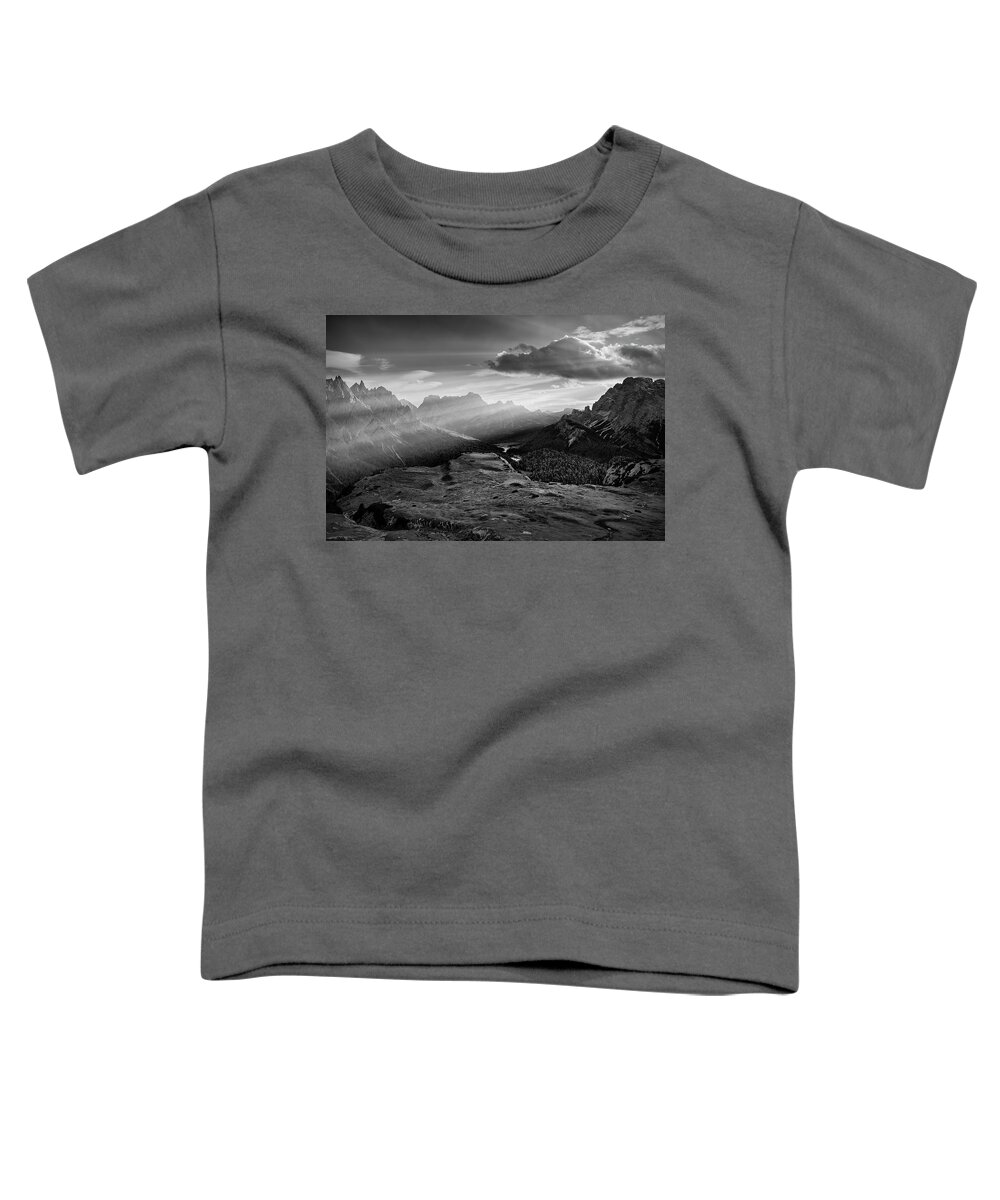 Black And White Toddler T-Shirt featuring the photograph Rays over the Dolomites II by Jon Glaser
