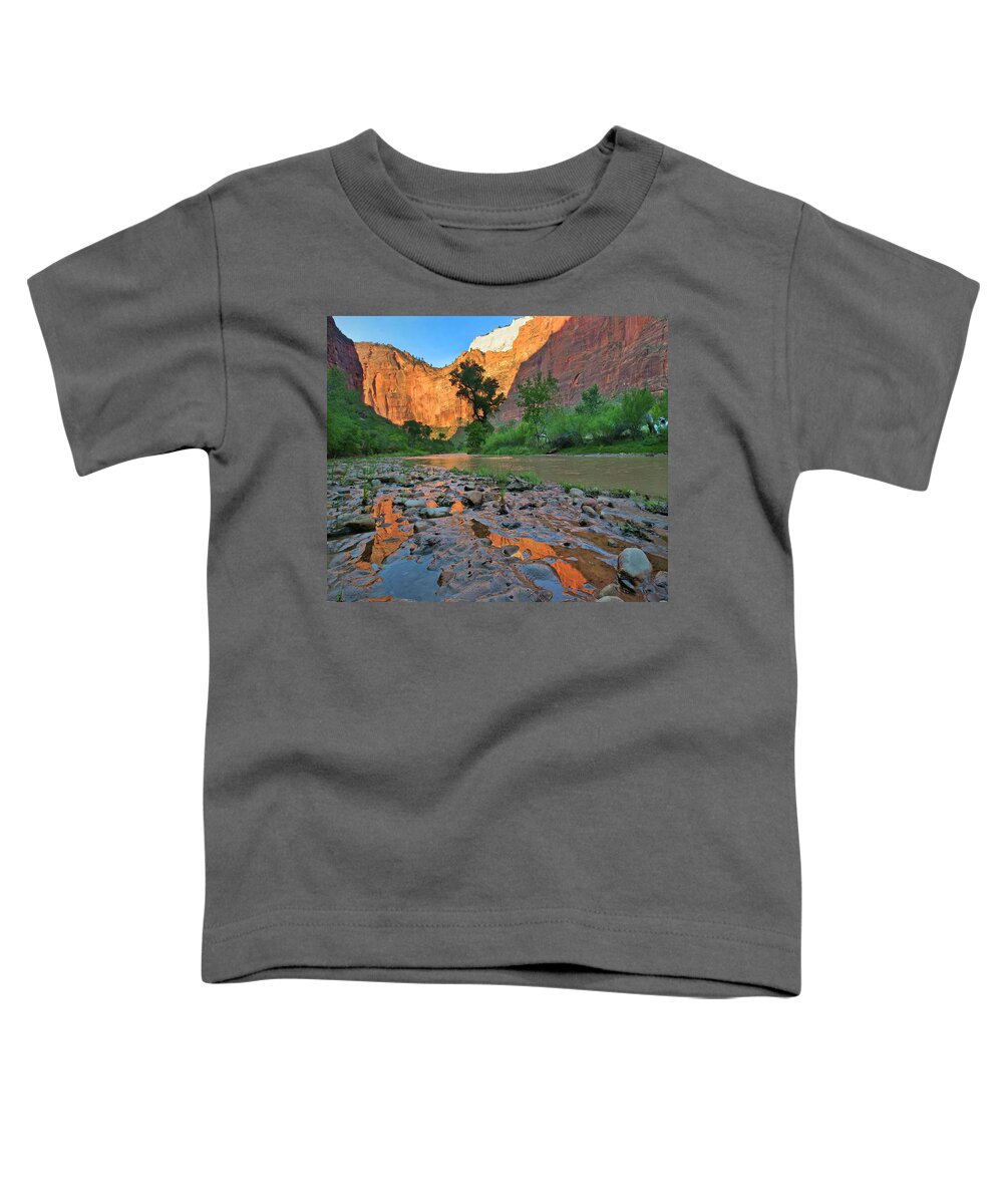 00555593 Toddler T-Shirt featuring the photograph Reflections In Virgin River After Flooding, Zion National Park, Utah by Tim Fitzharris