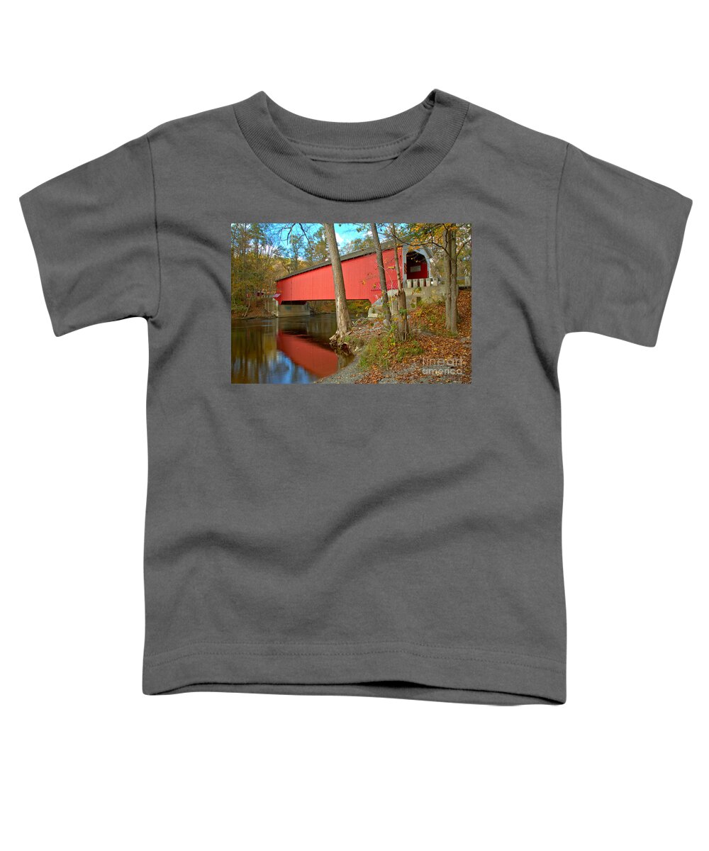 Eagleville Covered Bridge Toddler T-Shirt featuring the photograph Reflections Of The Eagleville Covered Bridge by Adam Jewell