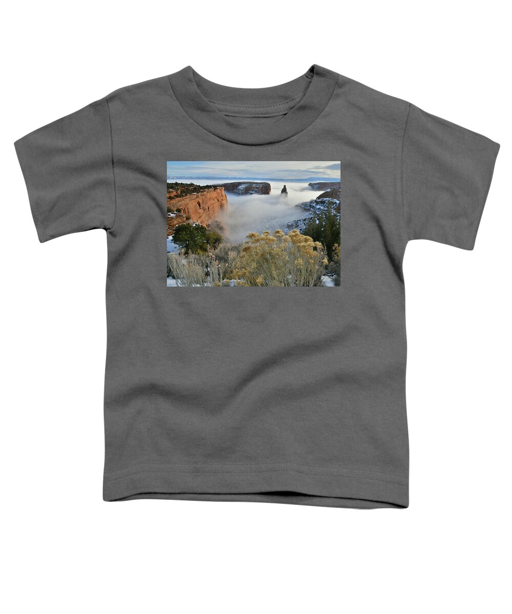 Colorado National Monument Toddler T-Shirt featuring the photograph Rim Rock Drive View of Fogged Independence Canyon by Ray Mathis