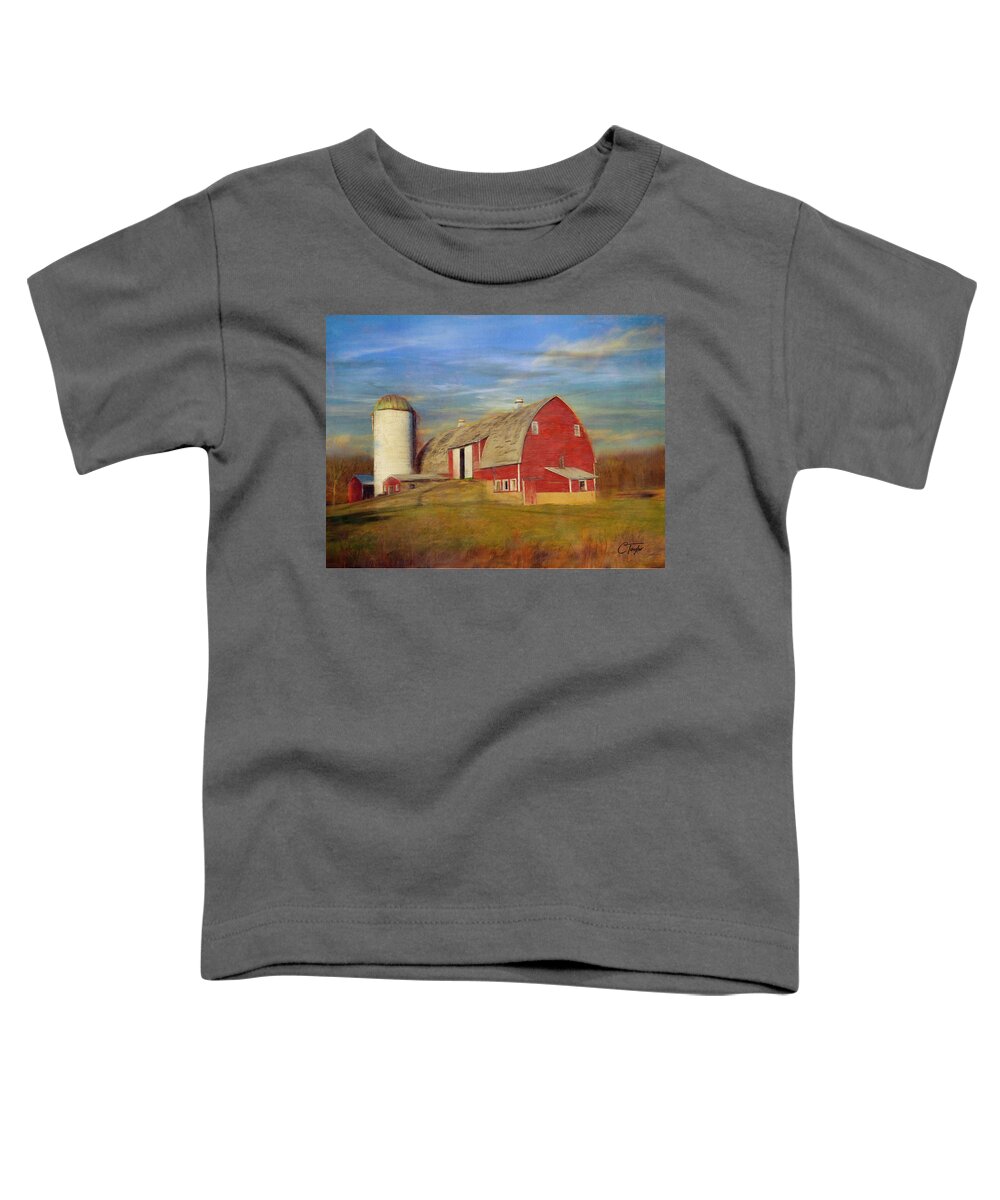 Red Barns Toddler T-Shirt featuring the mixed media Ruby Red Barn Country by Colleen Taylor