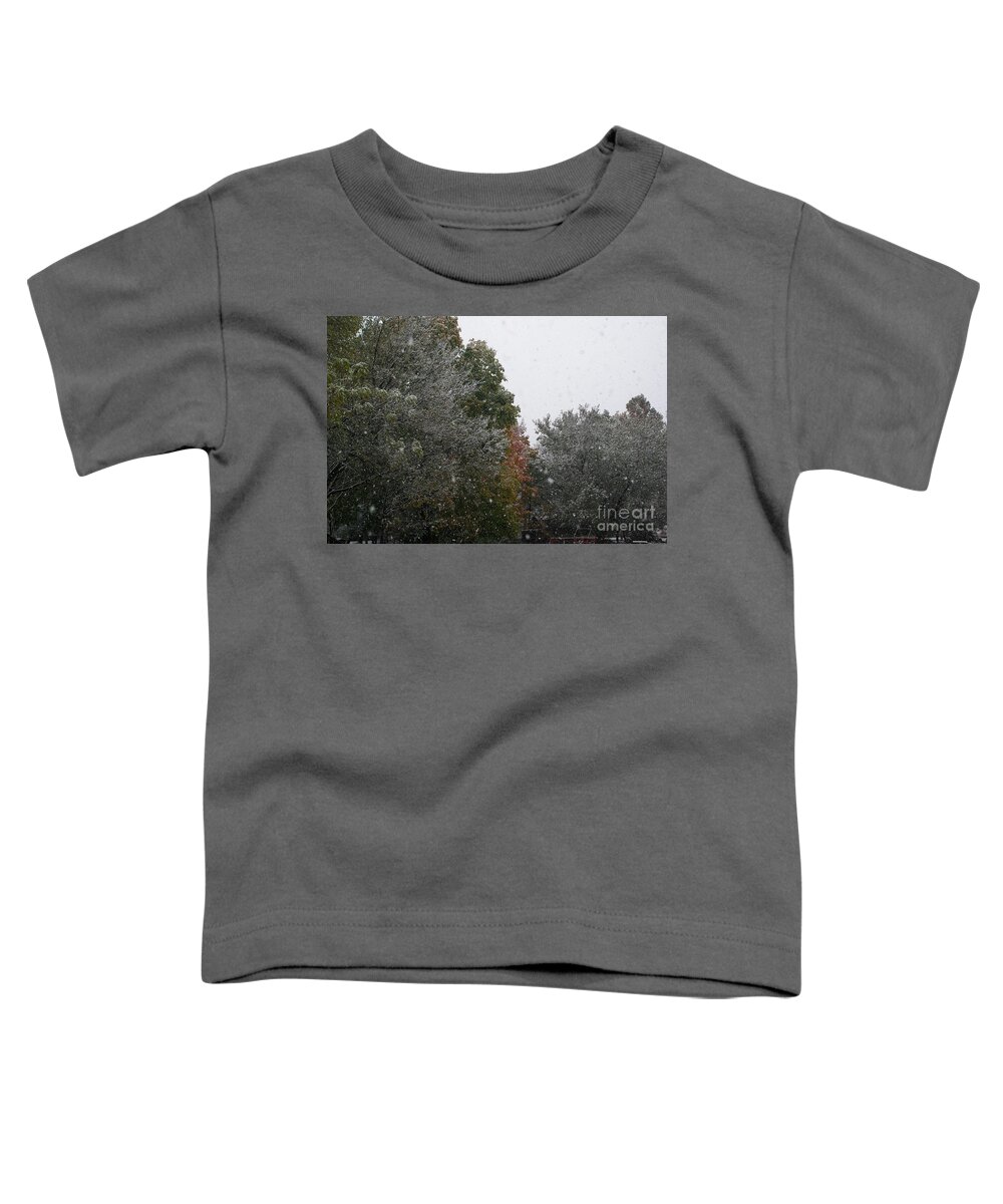 Weather Toddler T-Shirt featuring the photograph Snowing on a Fall Day by Frank J Casella