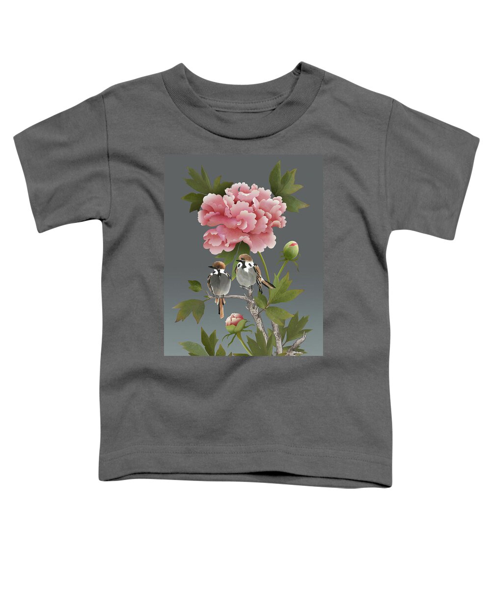 Sparrows Toddler T-Shirt featuring the digital art Sparrows and Peony by M Spadecaller