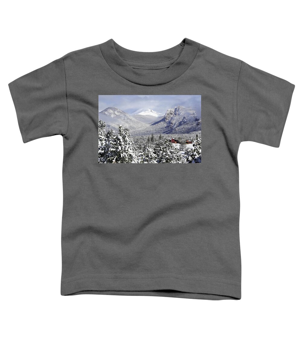 Estes Park Toddler T-Shirt featuring the photograph Spring Snow in Estes Park Colorado by Tranquil Light Photography