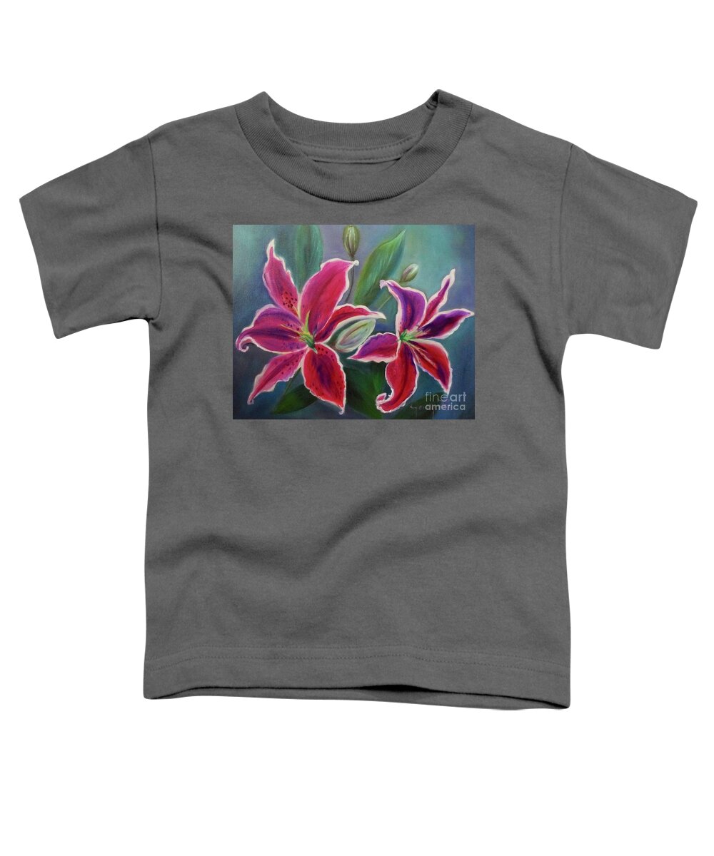 Pink Lilies Toddler T-Shirt featuring the painting Stargazer Lilies by Jenny Lee