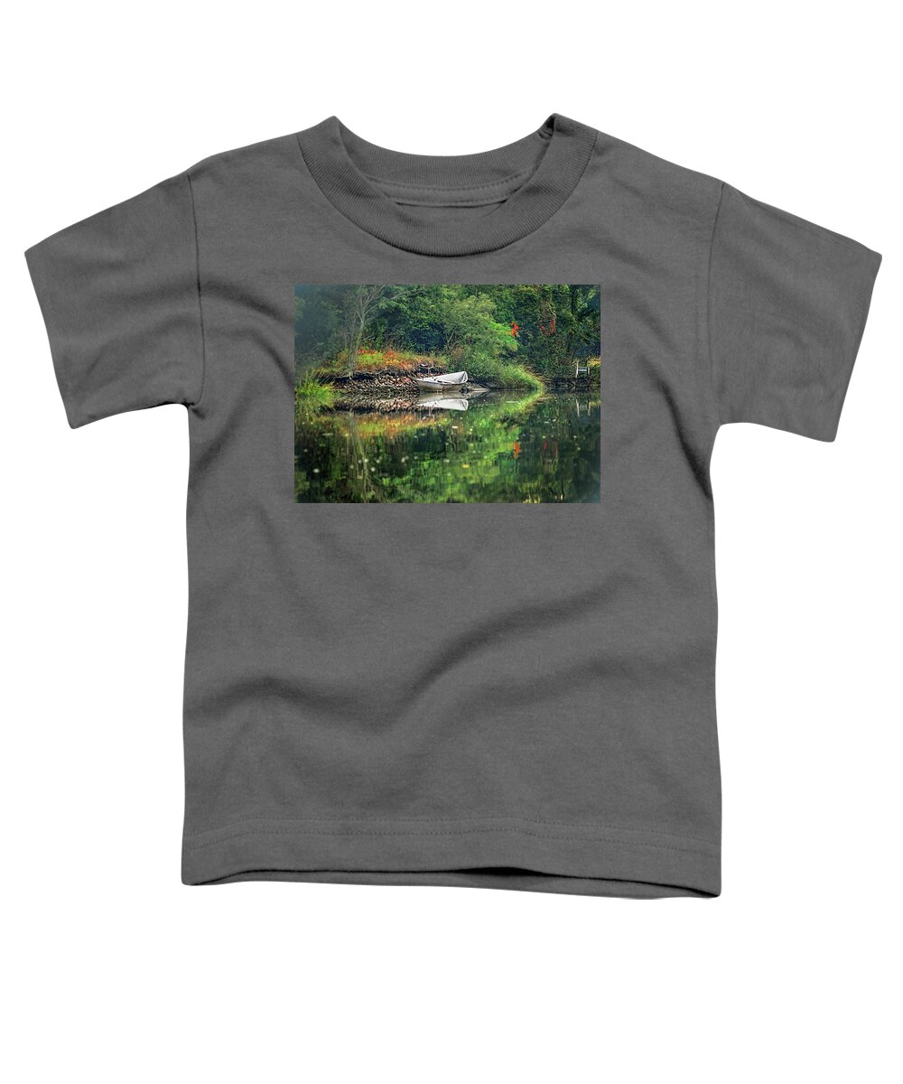 Rowboat Toddler T-Shirt featuring the photograph White Aluminum Rowboat Docked at Blind Brook by Cordia Murphy
